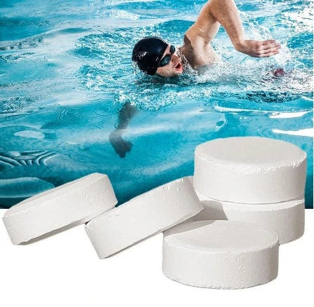 Aqua Fizz effervescent pool maintenance tablets in a box and dispenser on a white background