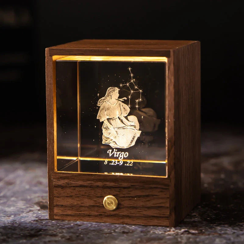 Constellation LED Table Lamp with black walnut base and 3D crystal ball, creating a starry night effect in the bedroom