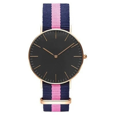 Nylon strap watch with round dial and quartz movement available in ten colours