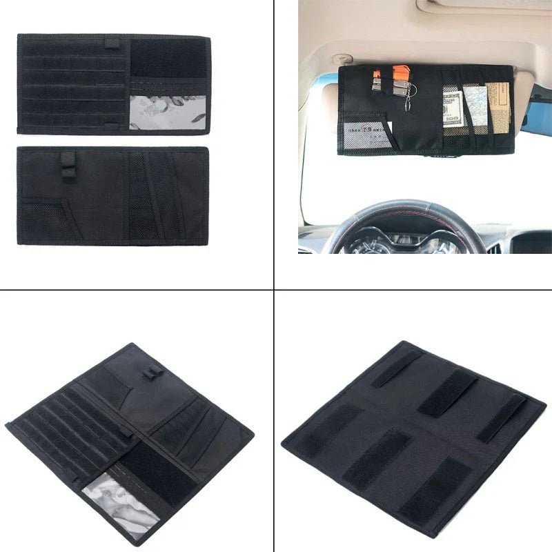 Premium car sun visor organiser with multiple storage compartments for CDs, documents, and other driving essentials