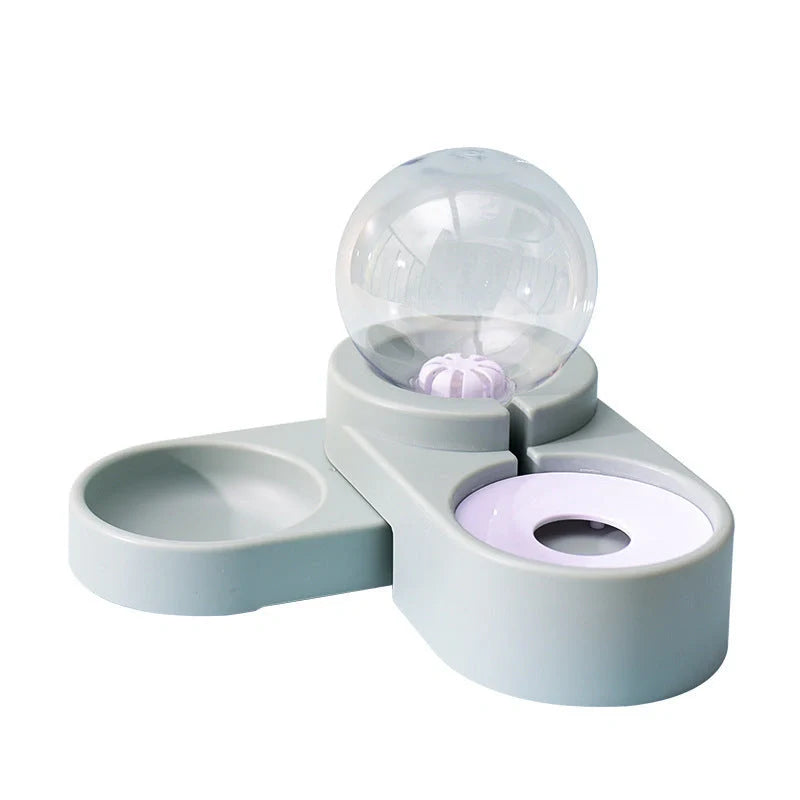 Automatic non-electric pet water dispenser with bowl, 1.8L capacity, available in grey, blue, and pink