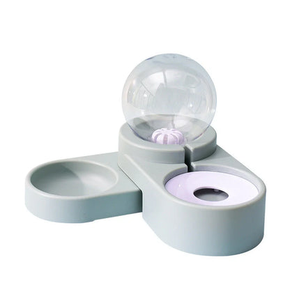 Automatic non-electric pet water dispenser with bowl, 1.8L capacity, available in grey, blue, and pink