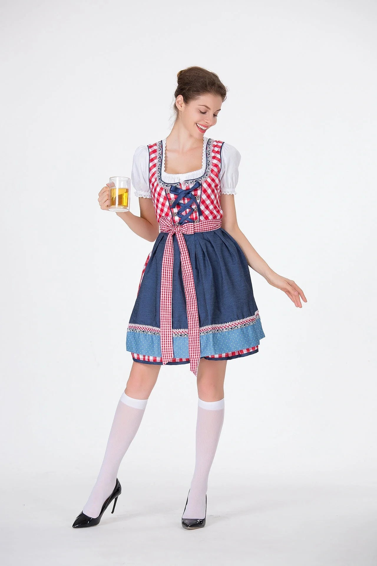 Bavarian Traditional Beer Dress in red, includes top, skirt, and apron.