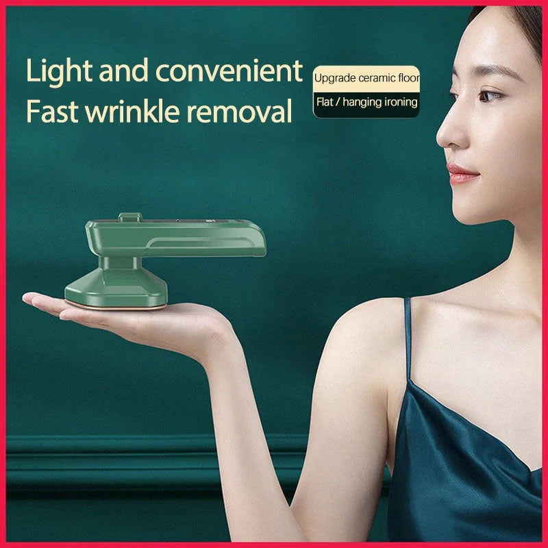 Handheld garment steamer in green, compact and lightweight for easy ironing and cleaning