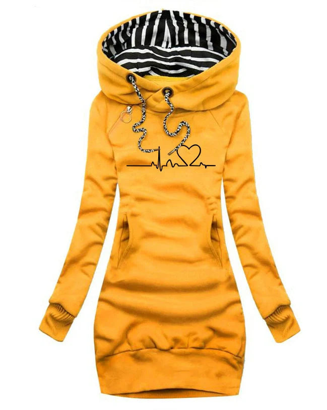 Women's heart print hoodie with geometric patterns and pockets