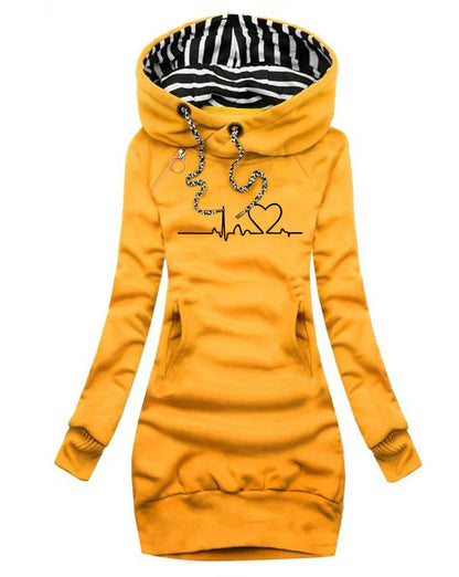 Women's heart print hoodie with geometric patterns and pockets