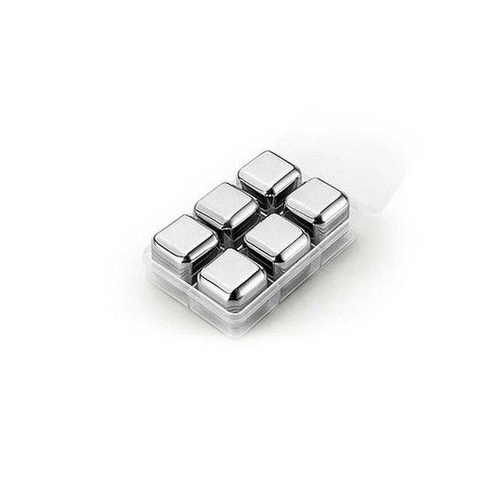 Premium stainless steel whisky chilling stones set in various shapes and sizes, including square, circular, heart, and diamond-shaped stones