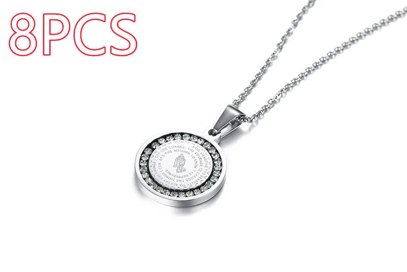 Premium stainless steel pendant with sparkling rhinestones and engraved English Scripture