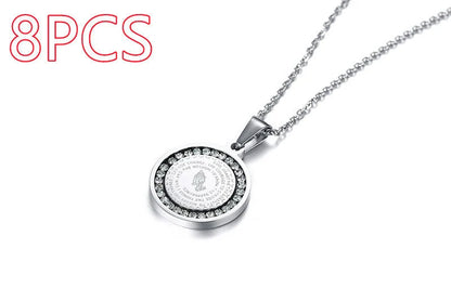 Premium stainless steel pendant with sparkling rhinestones and engraved English Scripture