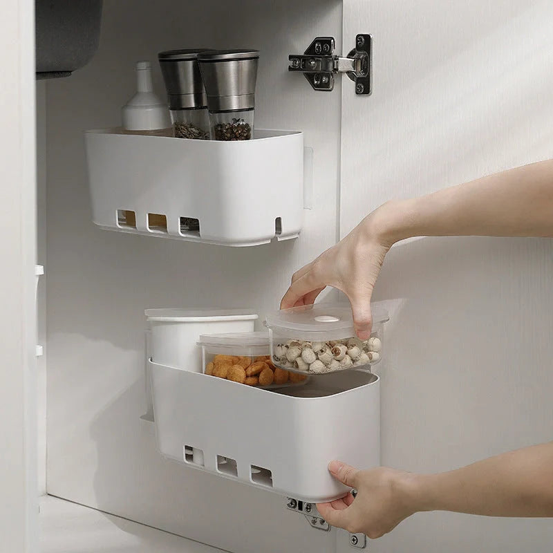 White retractable kitchen storage rack for cabinets and refrigerators