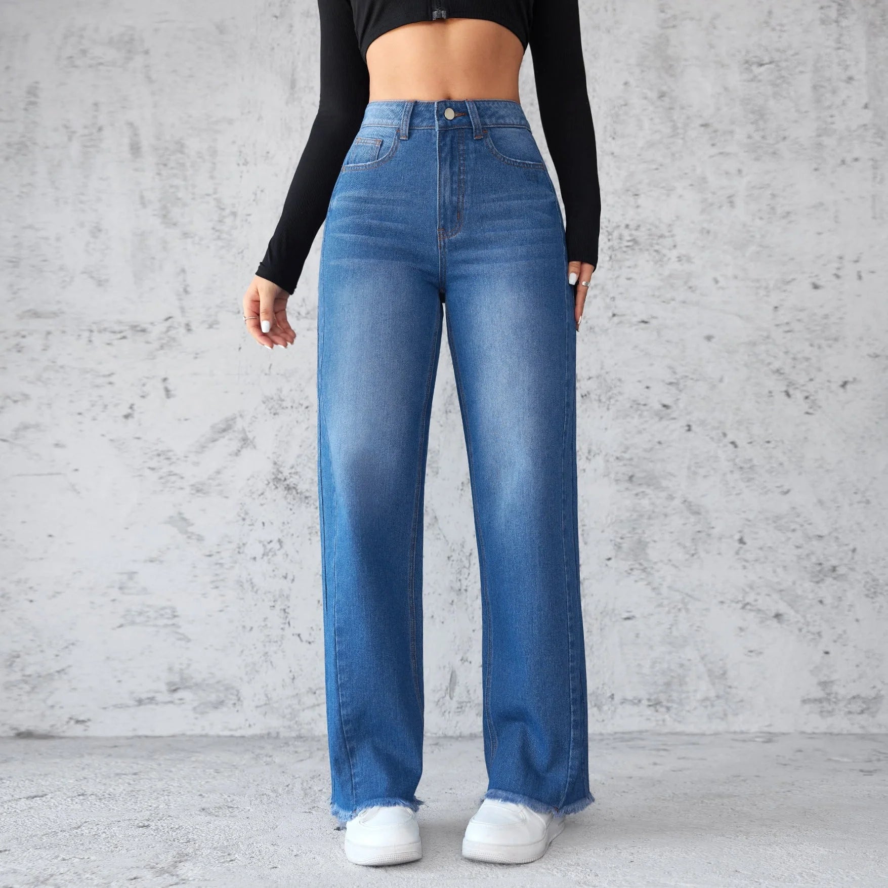 Straight wide-leg denim jeans in blue, featuring a unique collage design and high-waist fit for a stylish casual look