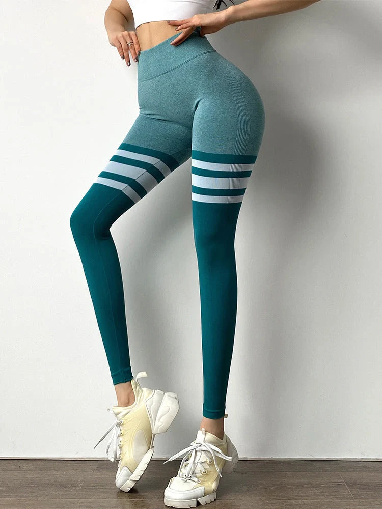 High waisted fitness leggings with stripe design in various colours