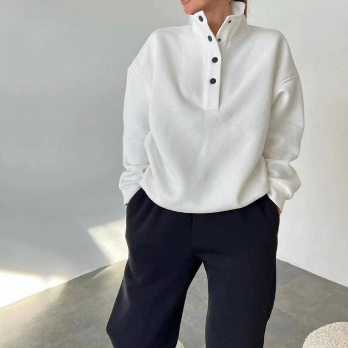 Oversized cotton blend pullover and pant set in neutral colors for comfortable, stylish everyday wear