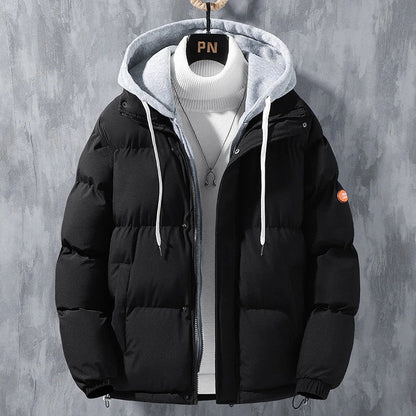 Premium insulated winter jacket for men in various colors, including black, khaki, pink, and blue. The jacket features a hooded design, front zipper closure, and adjustable drawstrings for a customized fit.