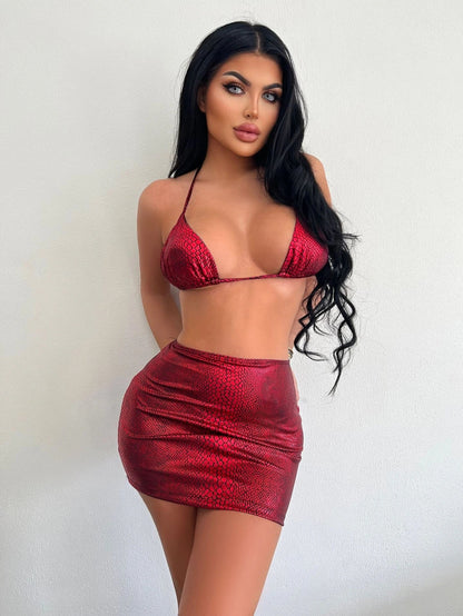 Women's snake pattern bikini set with cover up skirt in various colors