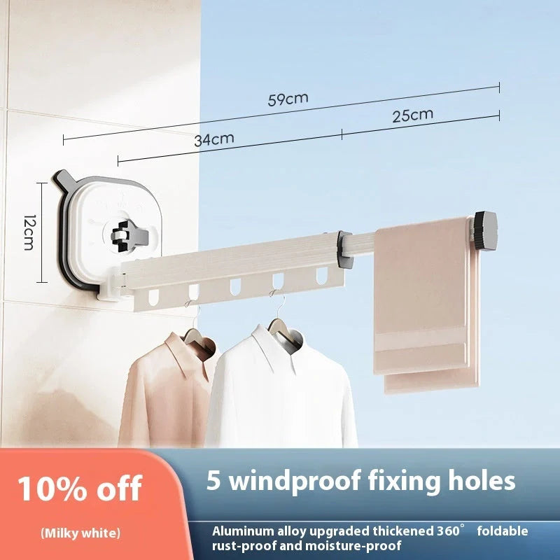 Aluminium suction cup folding clothes hanger with retractable drying rack for space-saving laundry drying