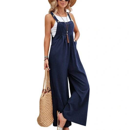 Women's Solid Color Casual Suspender Trousers in Dark Blue and Army Green colours, featuring adjustable suspenders and high-quality construction.