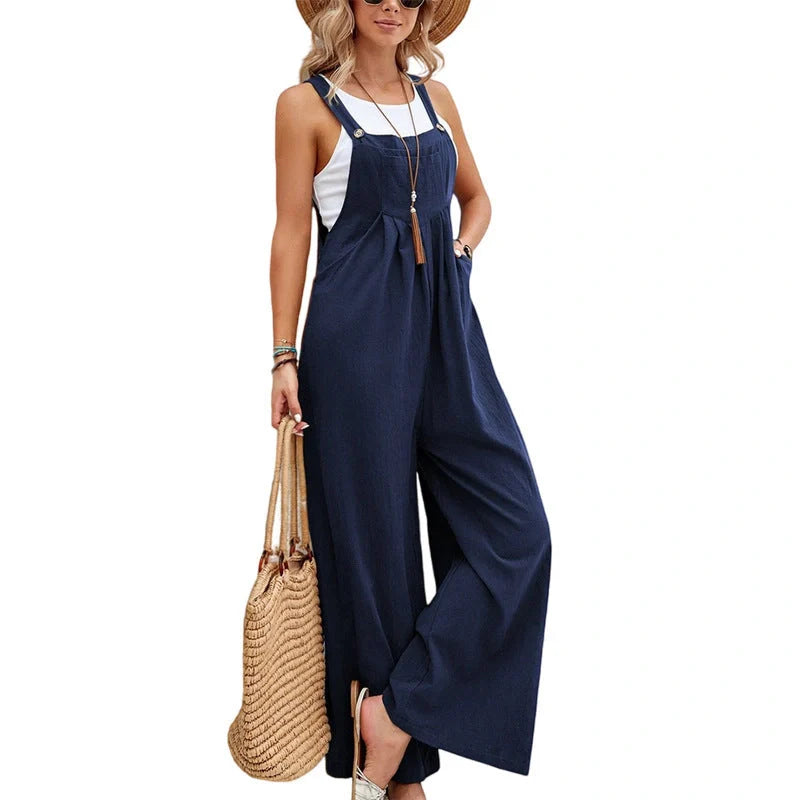 Women's Solid Color Casual Suspender Trousers in Dark Blue and Army Green colours, featuring adjustable suspenders and high-quality construction.