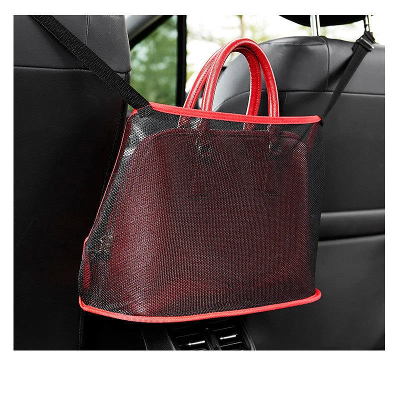 Car Net Pocket Handbag Holder in red and black, showing adjustable belt and spacious storage