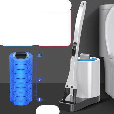 A modern, hygienic toilet cleaning brush with disposable heads and a long handle for easy, hands-free use.