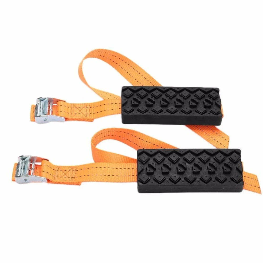 Durable anti-slip snow chains for car tires in black and orange, designed to provide superior traction and grip on icy, snowy, and muddy roads.