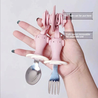 Stainless steel infant training spoon and fork set with silicone anti-drop chain and suction cup