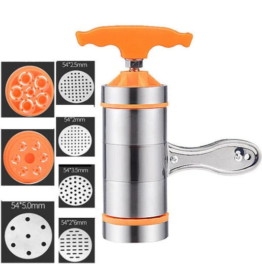 Compact stainless steel pasta maker with multiple pasta moulds for creating homemade pasta shapes