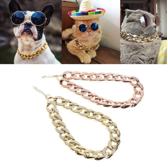 Stylish gold plated pet necklace with thick chain design, perfect for adding fashion and identification to small dogs and puppies