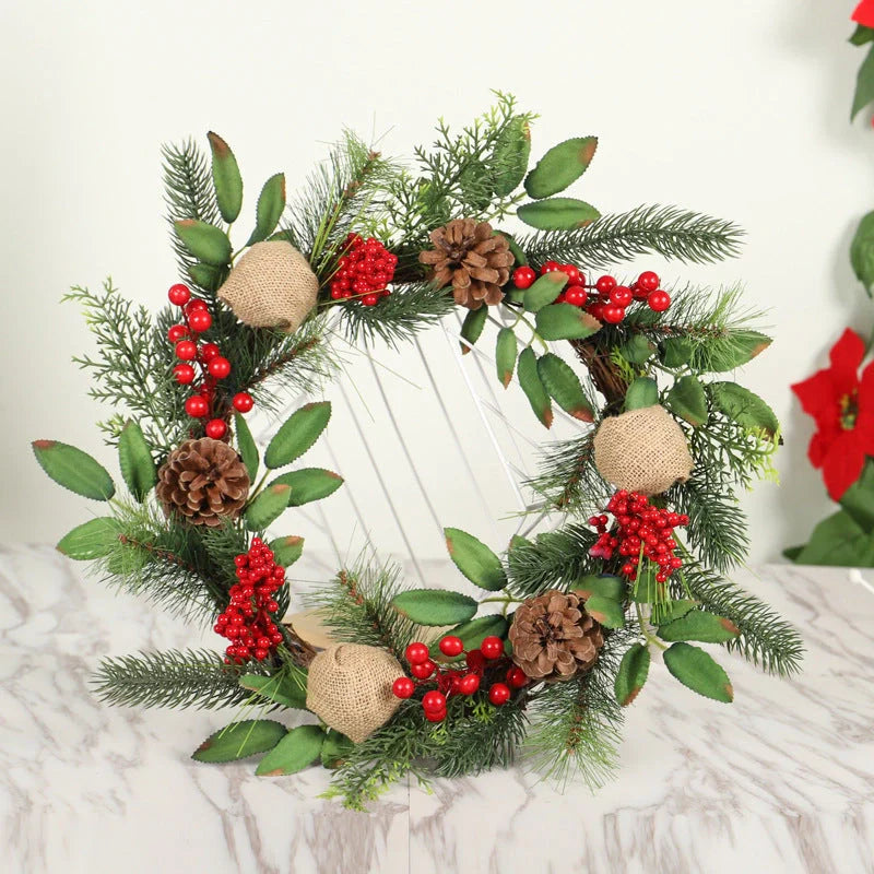 Christmas wreath with natural pine, pine cones, and frost decoration