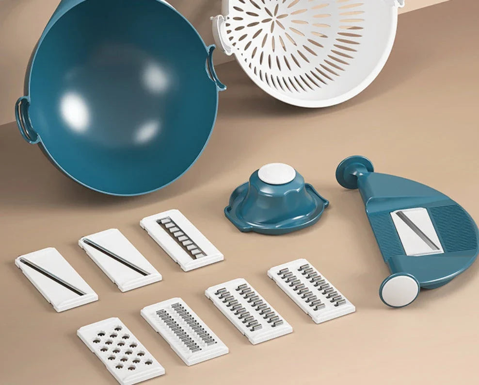 A premium 9-in-1 vegetable drainage basket with a unique drainage system and interchangeable blades for efficient meal preparation