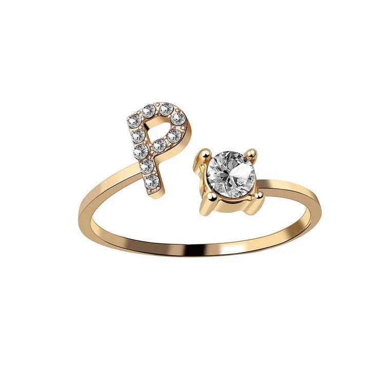 Customizable adjustable ring with 26 letters for women, featuring zircon stones and copper alloy construction