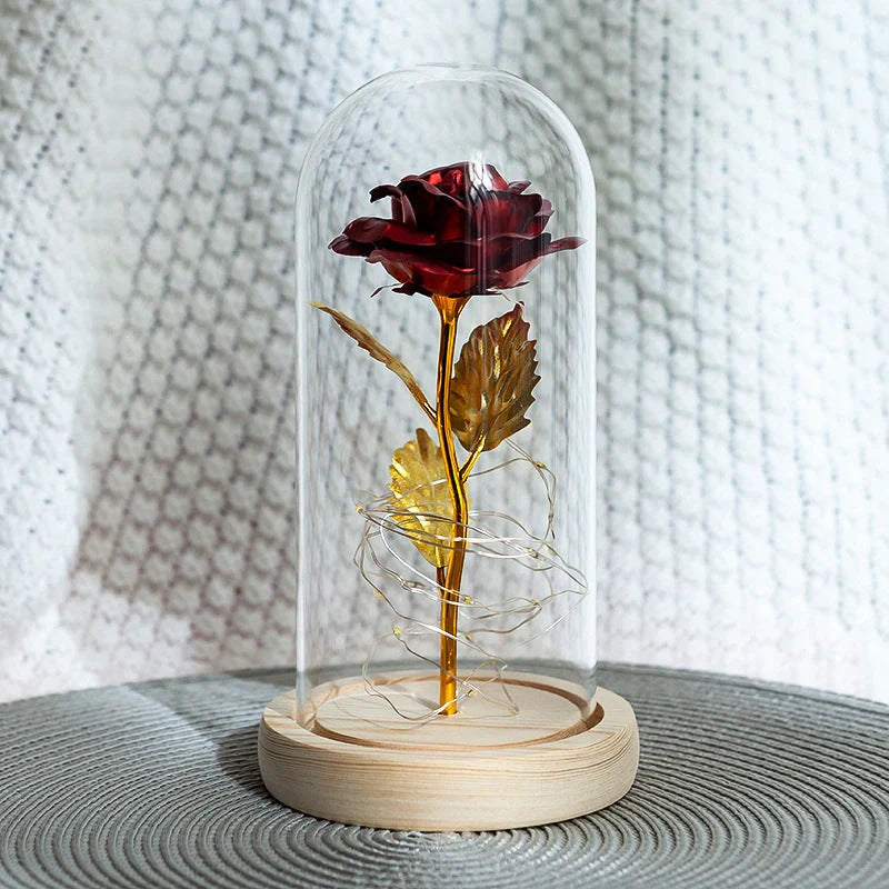 Enchanted Forever Rose in Glass LED Light decoration with realistic rose and wooden base
