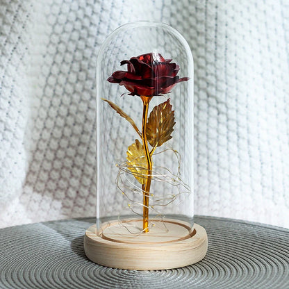 Enchanted Forever Rose in Glass LED Light decoration with realistic rose and wooden base