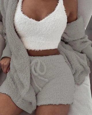 Cozy 3-piece velvet pajama set with long sleeve crop top and drawstring shorts in various colors
