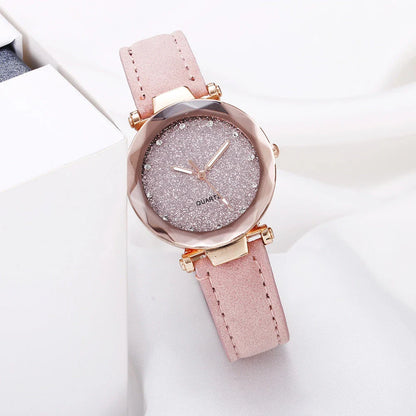 Starry Sky Women's Watch with Rhinestone Accents - Leather Strap in Various Colors