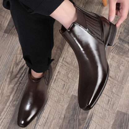 Stylish pointed toe Chelsea boots for men in black and brown colors, featuring a square heel and British-inspired design.