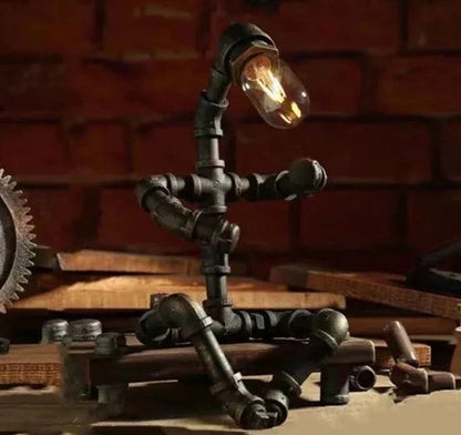 Vintage Industrial Table Lamp with Retro Water Pipe Design in Green Bronze Finish