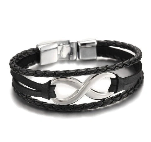 Lucky figure 8 leather bracelet in black and brown, symbolizing infinity and good fortune