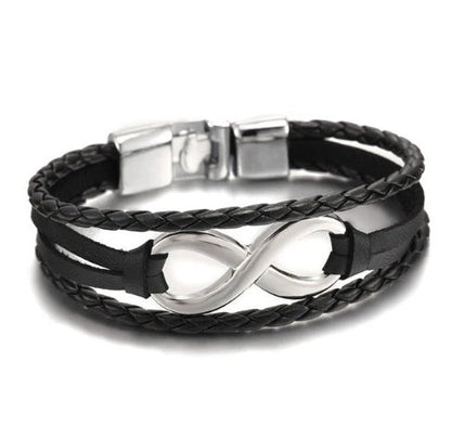 Lucky figure 8 leather bracelet in black and brown, symbolizing infinity and good fortune