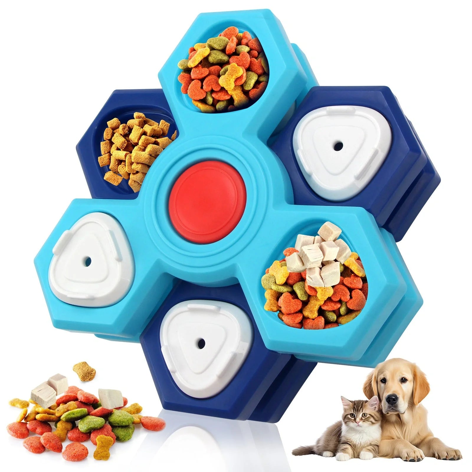 Blue 4-layer slow feeder puzzle dog bowl for controlled eating and mental stimulation