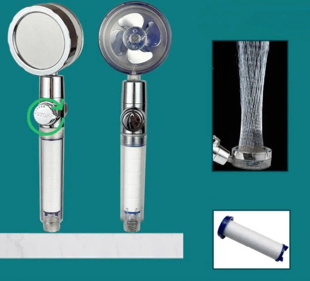 Turbo Propeller Shower Head in various colours with 360-degree fan extension
