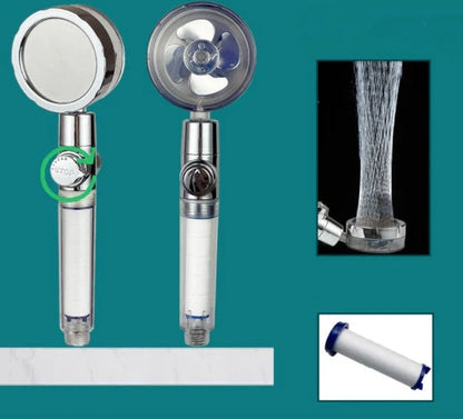 Turbo Propeller Shower Head in various colours with 360-degree fan extension