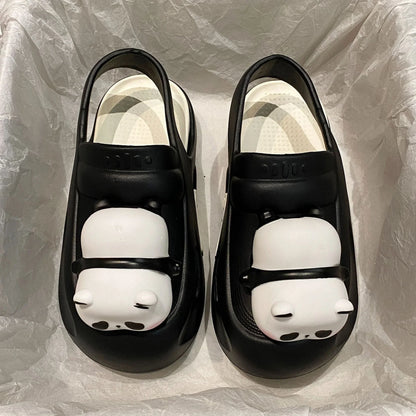 Adorable panda-themed slip-on slippers in various colors and sizes, featuring a lightweight and breathable design for comfortable everyday wear.