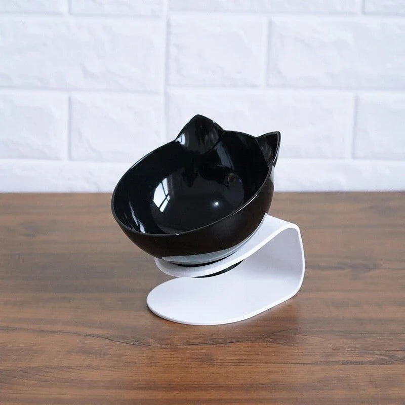 Elevated tilted pet bowl with non-slip stand in transparent, white, and black color options