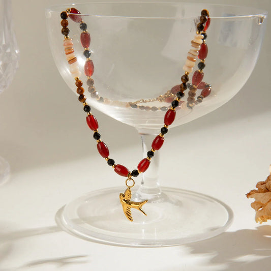 Elegant Tiger Eye Bead Necklace with Bird Pendant for women