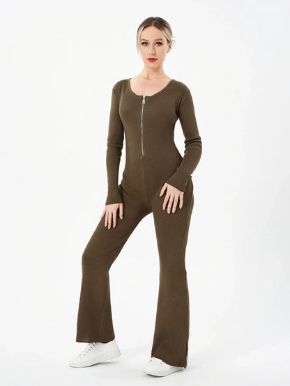 Zippered Round Neck Flared Trousers in black, white, khaki, and brown