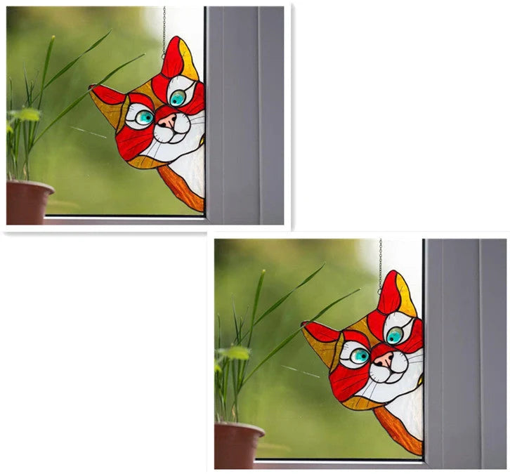 Colourful stained glass cat window hanger decoration, reusable PVC sticker