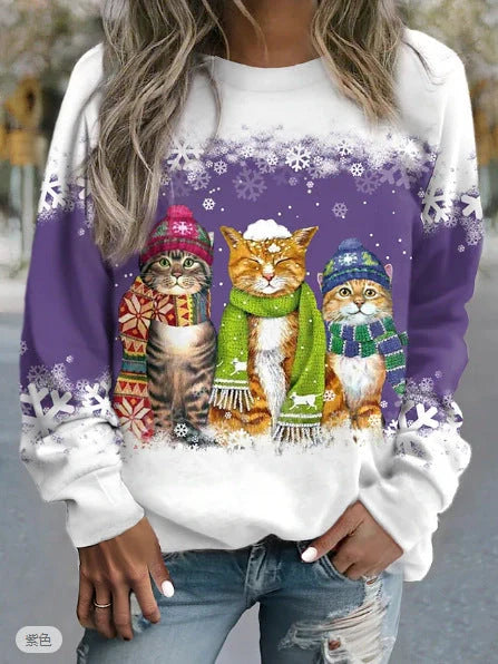 Women's Christmas Snowman and Cat Printed Long Sleeve T-shirt in various colours