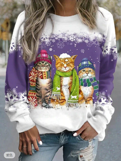 Women's Christmas Snowman and Cat Printed Long Sleeve T-shirt in various colours