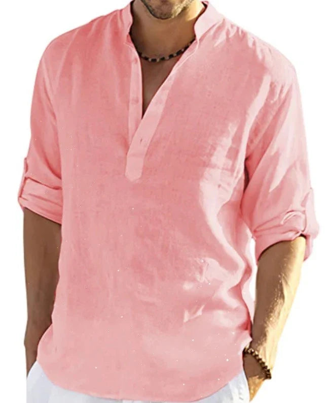 A stylish linen-blend men's casual shirt with a stand collar, button-down closure, and slim tailored fit